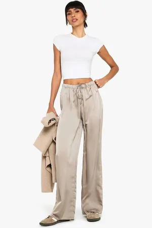 Boohoo Womens Satin Drawcord Fluid Wide Leg Trousers - - 16