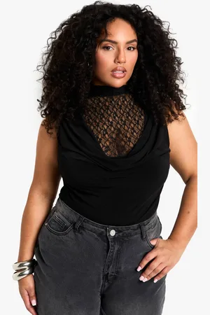 Boohoo Womens PLUS LACE INSERT HIGH NECK DRAPED BODYSUIT - - 26