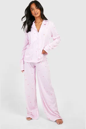 Boohoo Womens Petite Pinstripe Heart Print Long Sleeve Shirt & Trousers Pyjama Set - - 16