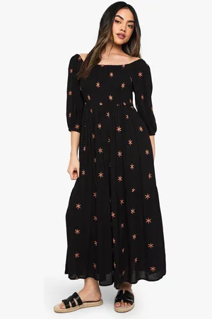 Boohoo Womens Embroidered Cheesecloth Shirred Midaxi Dress - - 10