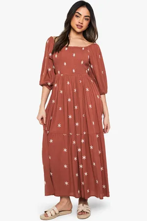 Boohoo Womens Embroidered Cheesecloth Shirred Midaxi Dress - - 10