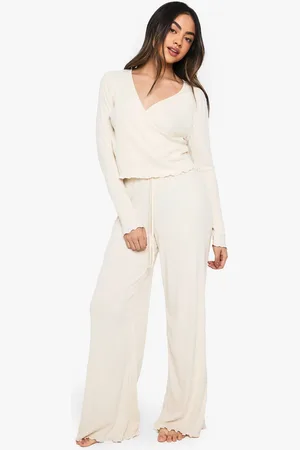 Boohoo Womens Loungewear Soft Rib Long Sleeve Wrap Top & Trousers Set - - 10