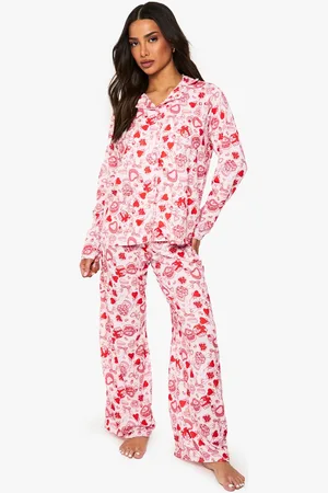 Boohoo Womens Petite Mixed Bow & Heart Print Long Sleeve Shirt & Trousers Pyjama Set - - 14