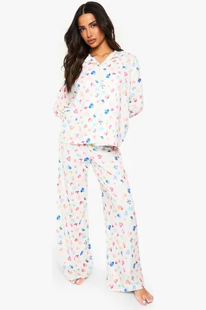 Boohoo Womens Petite Heart Print Long Sleeve Shirt & Trousers Pyjama Set - - 16