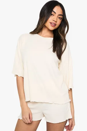 Boohoo Womens Loungewear Soft Rib Lettuce Hem T-Shirt & Shorts Pyjama Set - - 12