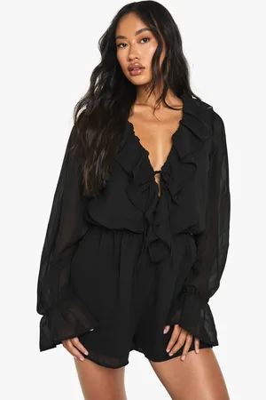 Boohoo Womens Chiffon Long Sleeve Ruffle Playsuit - - 16