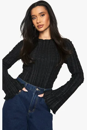 Boohoo Womens Textured Long Sleeve Flared Sleeve Bodysuit - - 16