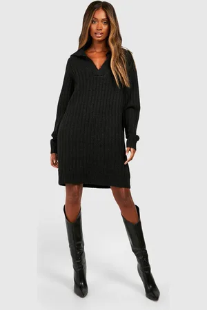 Boohoo Womens Soft Wide Rib Knit Collared Jumper Dress - - 8