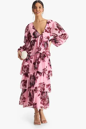 Boohoo Womens Floral Chiffon Plunge Ruffle Midaxi Dress - - 12