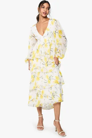 Boohoo Womens Floral Chiffon Plunge Ruffle Midi Dress - - 12