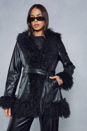 MissPap Womens Leather Look Monglian Faux Fur Trim Belted Coat - - 6