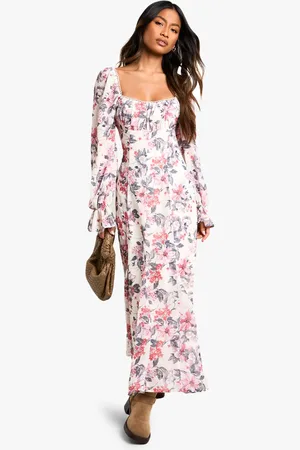 Boohoo Womens Floral Milkmaid Godet Hem Midaxi Dress - - 16