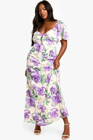 Boohoo Womens PLUS RUFFLE PRINTED FLORAL DETAIL SHORT SLEEVE PRINTED MAXI DRESS - - 26