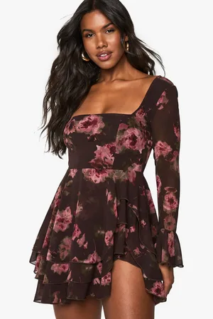 Boohoo Womens Floral Chiffon Skater Dress - - 12