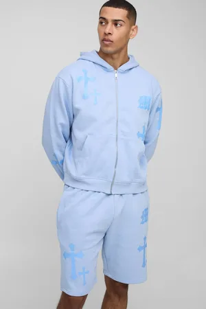Boohoo Oversized Boxy Gothic M Cross Print Hooded Zip Through Short Tracksuit - - M
