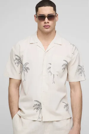 Boohoo Oversized Linen Blend Palm Printed Short Sleeve Shirt - - XS
