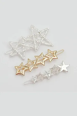 Moodstreet Womens Two Tone Crystal And Polished Star Hair Slides - Pack of 3 - - One Size