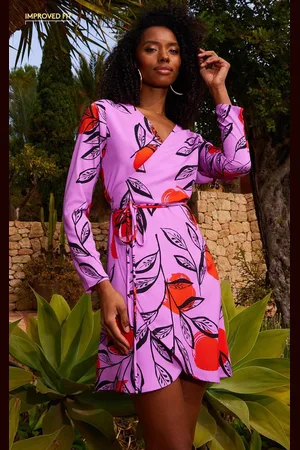 Dancing Leopard Womens Marley Tropical Print Mini Dress Wrap Front Tie V-Neck Ladies Gown - - 14