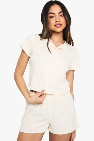 Boohoo Womens Soft Rib Short Sleeve Button Through Shirt & Shorts Lounge Set - - 12