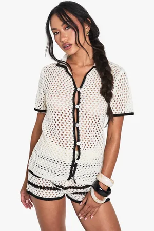 Boohoo Womens Crochet Oversized Contrast Stitch Shirt and Stripe Short Co-Ord - - S