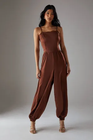 warehouse Womens Satin Lace Trim Elasticated Cuff Strappy Jumpsuit - - 8