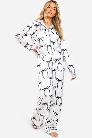 Boohoo Womens Bow Print Satin Long Sleeve Shirt & Trousers Pyjama Set - - 16