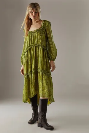warehouse Womens Snake Shadow Stripe Ruffle Square Neck Smock Midi Dress - - 14