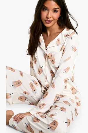 Boohoo Womens Latte Print Long Sleeve Shirt & Trousers Pyjama Set - - 16