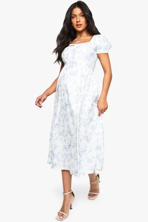 Boohoo Womens Maternity Bengaline Puff Sleeve Porcelain Print Milkmaid Midi Dress - - 8