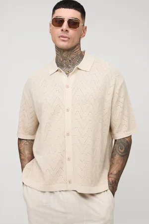 Boohoo Tall Short Sleeve Boxy Open Stitch Knitted Shirt - - M