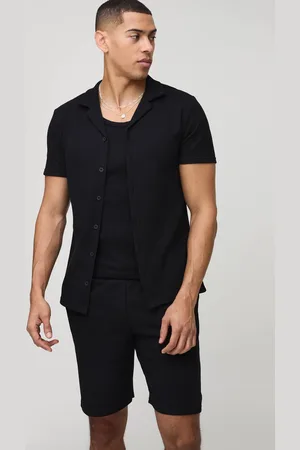 Boohoo Slim Fit Short Sleeve Revere Waffle Shirt & Comfort Short Set - - L