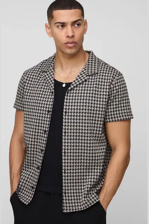 Boohoo Houndstooth Regular Revere Short Sleeve Shirt - - L