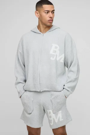 Boohoo Boxy Fit Boucle BM Knitted Zip Through Hoodie and Shorts Set - - M