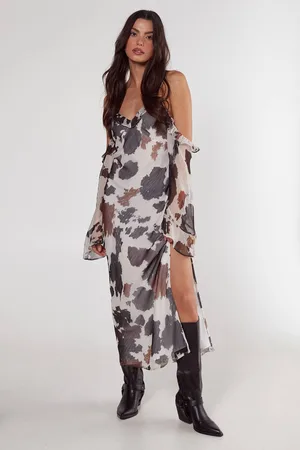 NASTY GAL Womens Cow Chiffon Cold Shoulder Bias Cut Split Maxi Dress - - 12