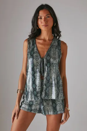 warehouse Womens Snake Sequin Tie Front Long Line Waistcoat - - 10