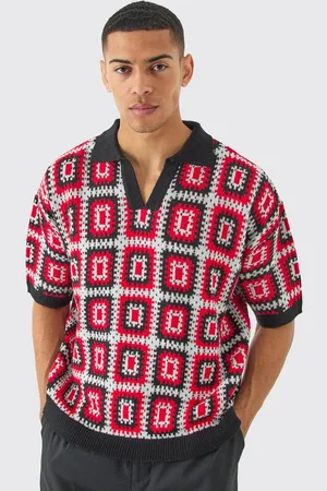 Boohoo Short Sleeve Boxy Fit Revere Crochet Polo In - XL