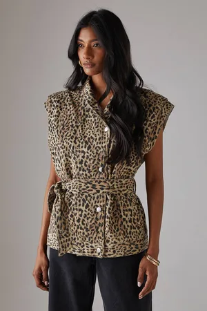 warehouse Womens Leopard Print Sleeveless Denim Jacket - - 8