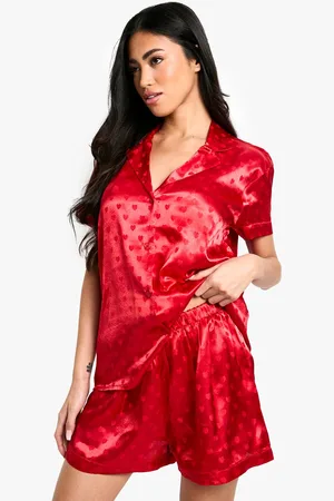Boohoo Womens Jacquard Heart Print Satin Short Sleeved Shirt & Shorts Pyjama Set - - 16