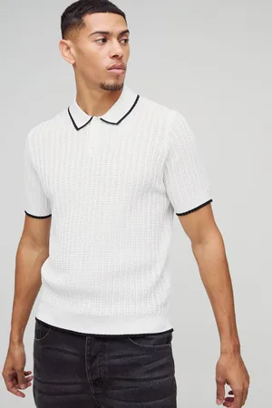 Boohoo Boxy Open Stitch Contrast Trim Short Sleeve Knitted Polo - - M