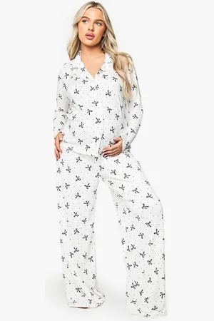 Boohoo Womens Maternity Bow Print Shirt & Trouser PJ Set - - 16