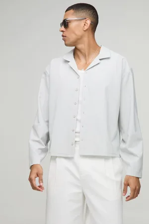 Boohoo Oversized Boxy Revere Seersucker Stripe Long Sleeve Shirt - - S