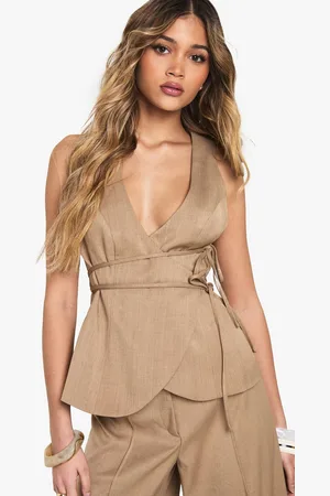 Boohoo Womens Tailored Linen Look Belted Waistcoat - - 16