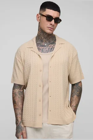 Boohoo Tall Oversized Boxy Short Sleeve Revere Cable Knit Shirt - - 2XL