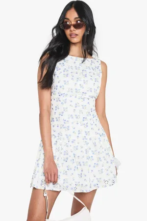 Boohoo Womens Floral Brodiere slash neck button neck floral mini dress - - 12