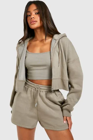 Boohoo Womens Deep Hem 3 Piece Crop Zip Through Short Tracksuit - - M