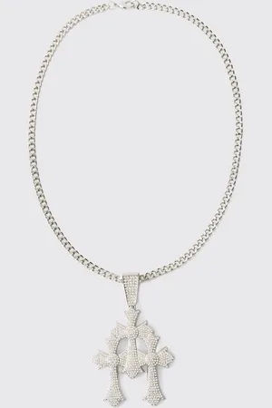 Boohoo Fully Iced Triple Cross Necklace - - One Size