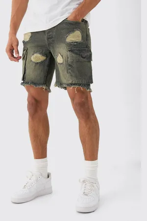 Boohoo Slim Rigid Ripped Cargo Pocket Denim Short In Antique - 36