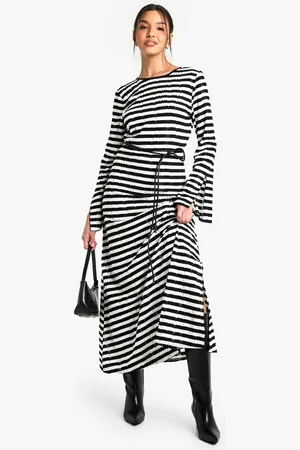 Boohoo Womens Textured Stripe Flare Sleeve Midaxi Dress - - 14