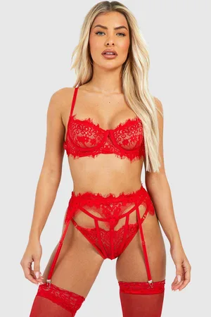 Boohoo Womens Crotchless Eyelash Lace Bralette Suspender And Thong Set - - XL