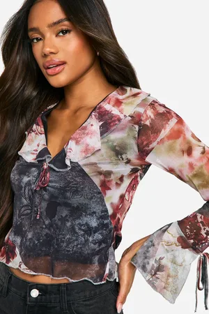 Boohoo Womens Printed Mesh Tie Front Frill Blouse - - 10